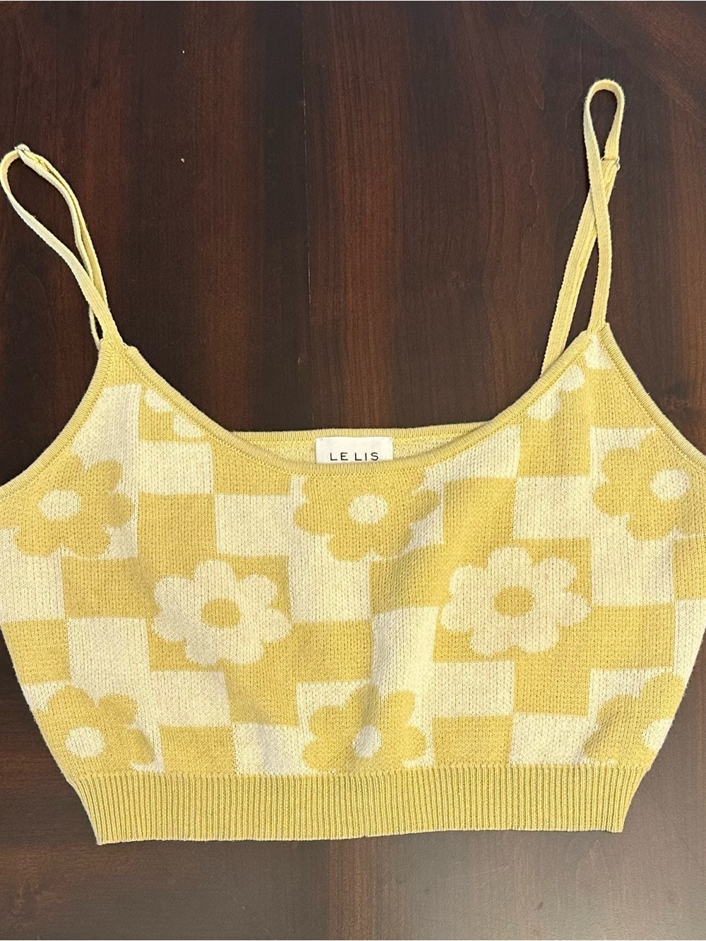 Vintage Women’s Le Lis Yellow Floral Check Knit Cami Top Size S